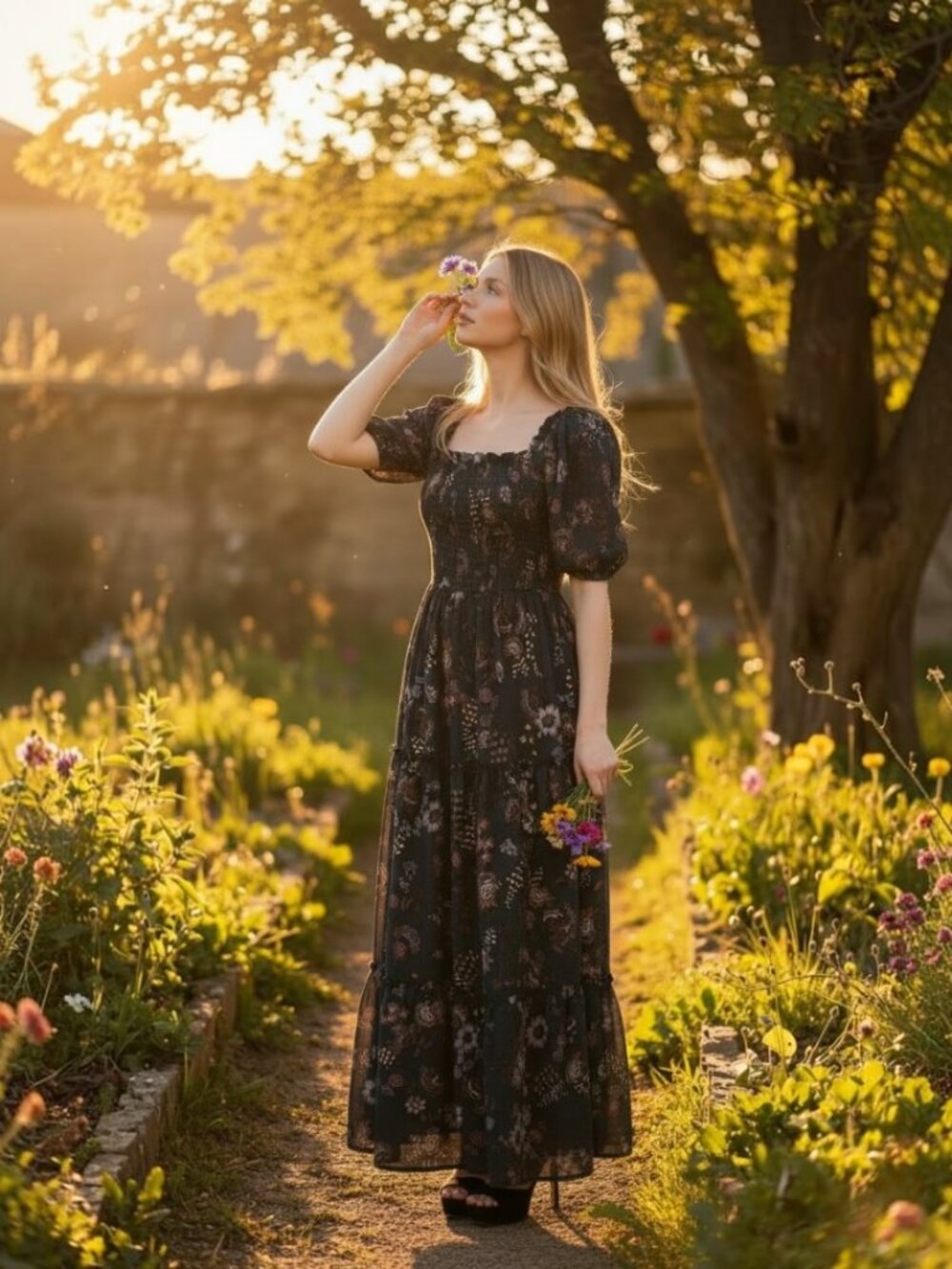 Baltic Born Smocked Dark Teal Floral Maxi Dress - Size S